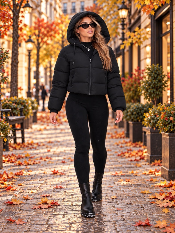 Cropped Hooded Puffer Jacket - Black