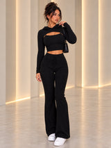 Black rib-knit 3-piece set: cropped hooded shrug, cami crop top and drawstring flared trousers