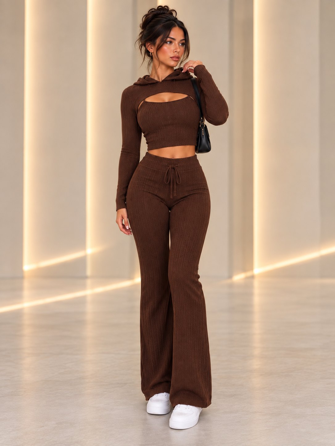 Chocolate rib-knit 3-piece set: cropped hooded shrug, cami crop top and drawstring flared trousers