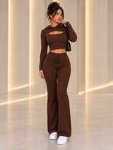 Chocolate rib-knit 3-piece set: cropped hooded shrug, cami crop top and drawstring flared trousers