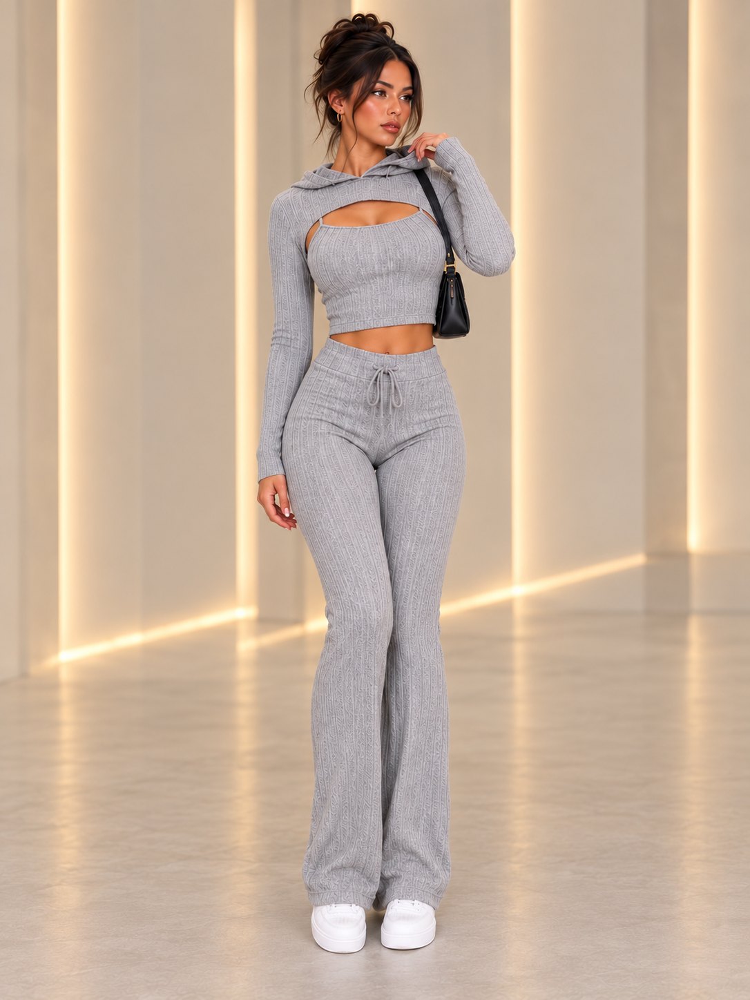 Grey rib-knit 3-piece set: cropped hooded shrug, cami crop top and drawstring flared trousers