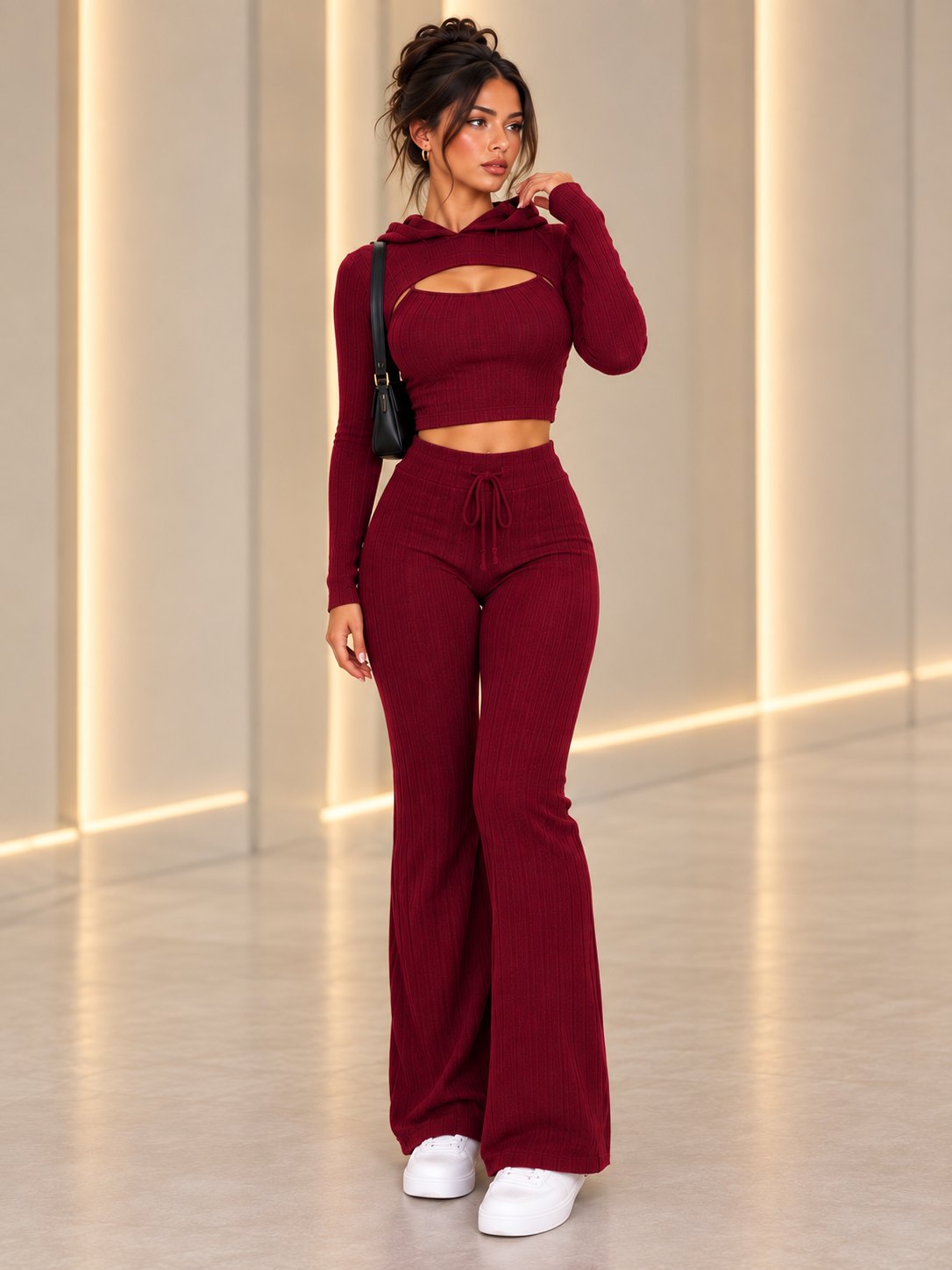 Wine rib-knit 3-piece set: cropped hooded shrug, cami crop top and drawstring flared trousers