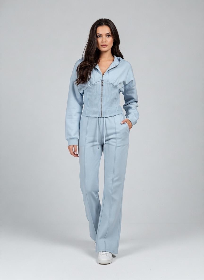 Corset Detail Hoodie & Flare Sweatpants Set - Baby Blue