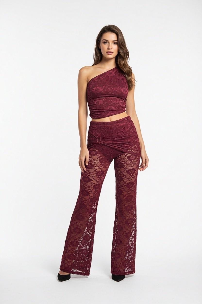 Lace One-Shoulder Co-ord Set - Wine