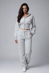 Cropped Zip Hoodie and Jogger Set - Light Gray
