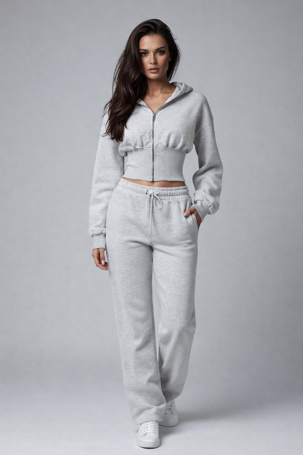 Cropped Zip Hoodie and Jogger Set - Light Gray