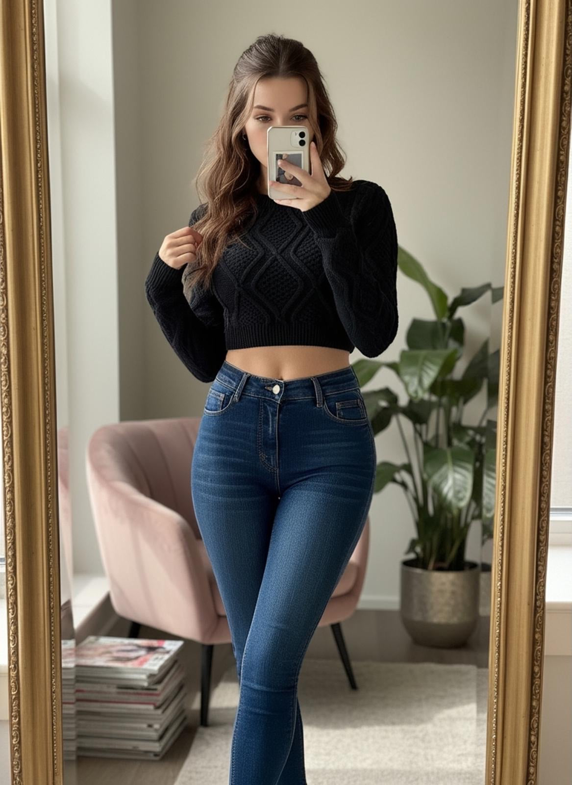 Cable Knit Cropped Sweater - Black