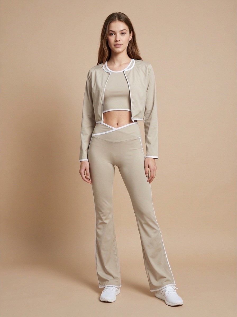 3 Piece Contrast Trim Activewear Set - Beige