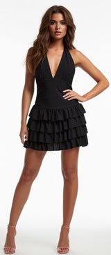 Tiered Ruffle Halter Neck Mini Dress - Black