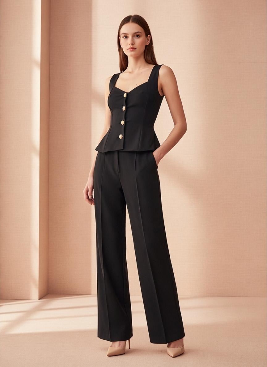 Crepe square neck suit - Black