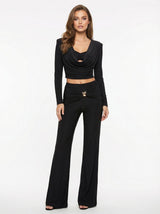 Cowl Neck Crop Top & Flared Trousers Set - Black
