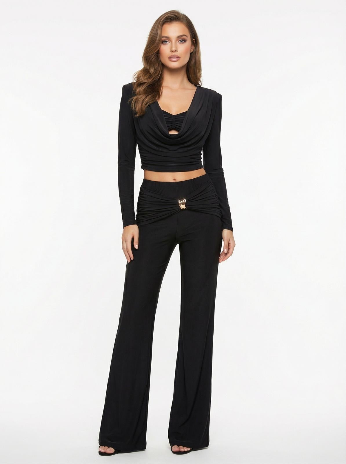 Cowl Neck Crop Top & Flared Trousers Set - Black