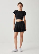 Ruffle Sleeve Crop Top and Tiered Skirt Set - Black