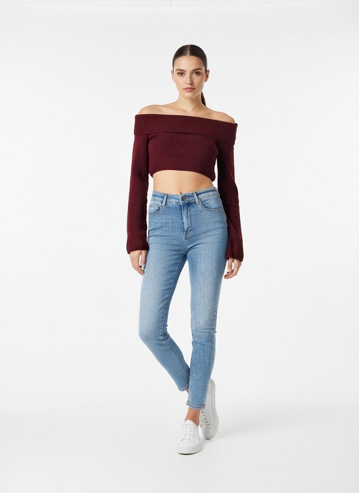 Ribbed Off-the-Shoulder Cropped Jumper - Wine