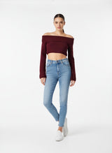Ribbed Off-the-Shoulder Cropped Jumper - Wine
