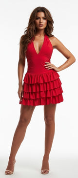 Tiered Ruffle Halter Neck Mini Dress - Red