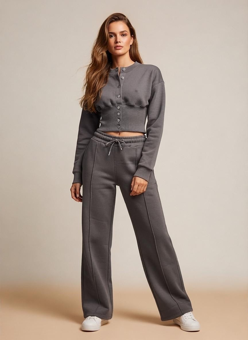 Button-Up Cropped Sweatshirt and Trouser Set - Dark Slate Gray
