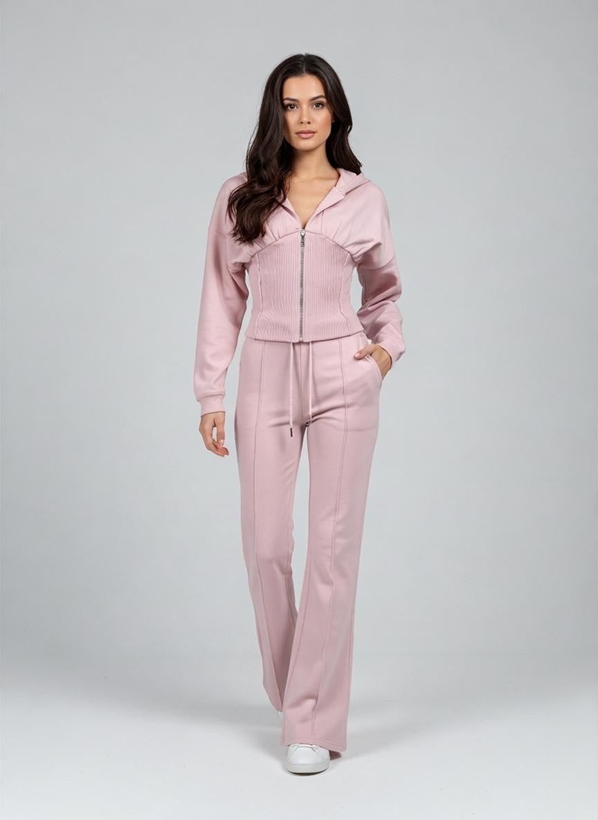Corset Detail Hoodie & Flare Sweatpants Set - Baby Pink