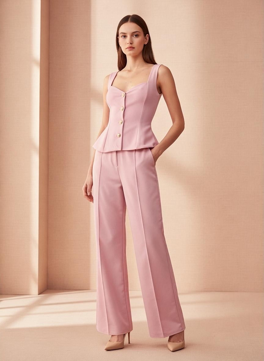 Crepe square neck suit - Baby Pink