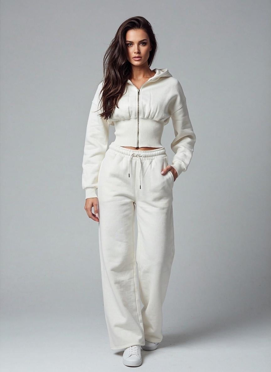 Cropped Zip Hoodie and Jogger Set - Ivory