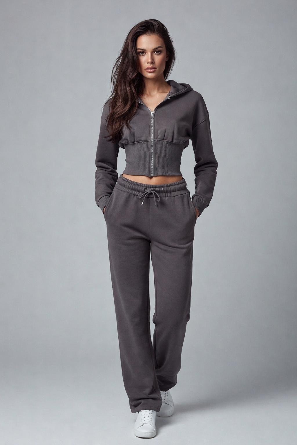 Cropped Zip Hoodie and Jogger Set - Slate Grey