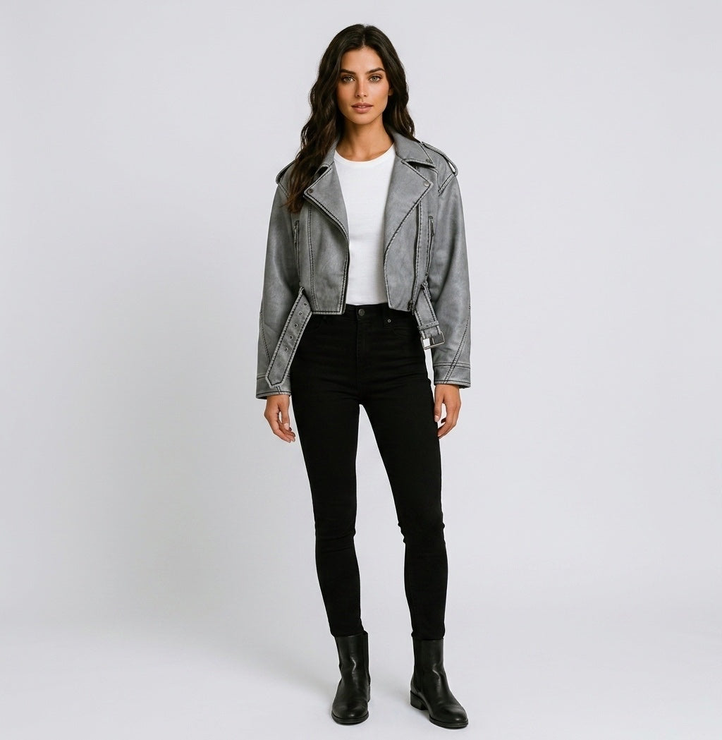 Distressed Faux-Leather Biker Jacket - Gray