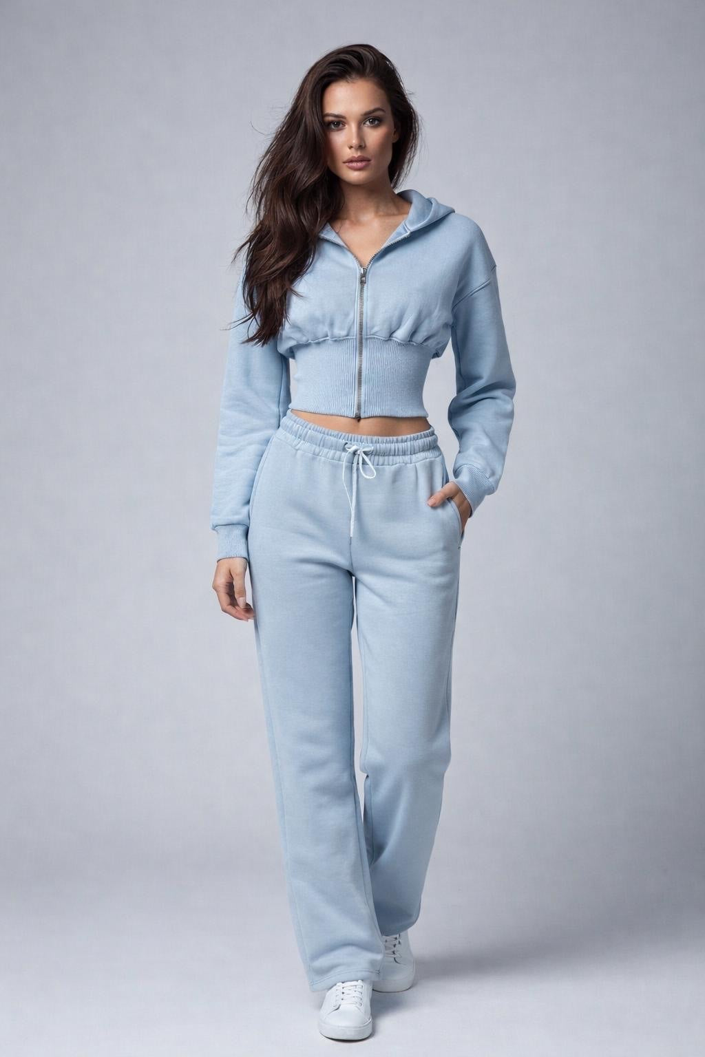 Cropped Zip Hoodie and Jogger Set - Baby Blue