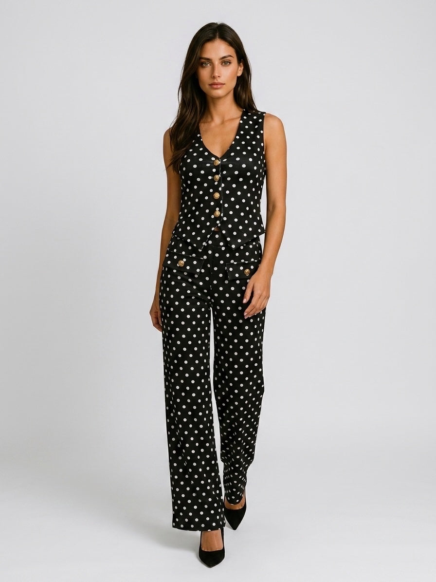 Polka Dot Tailored Waistcoat and Trouser Set - Black