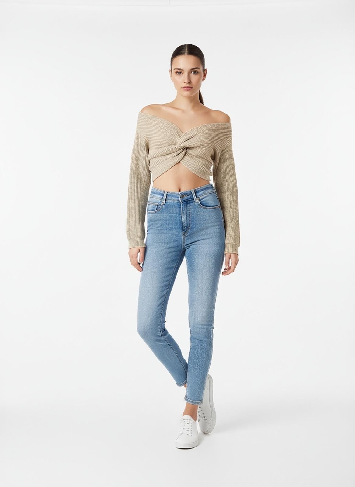 Twist Front Off-Shoulder Crop Top - Beige