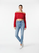 Ribbed Off-the-Shoulder Cropped Jumper - Red