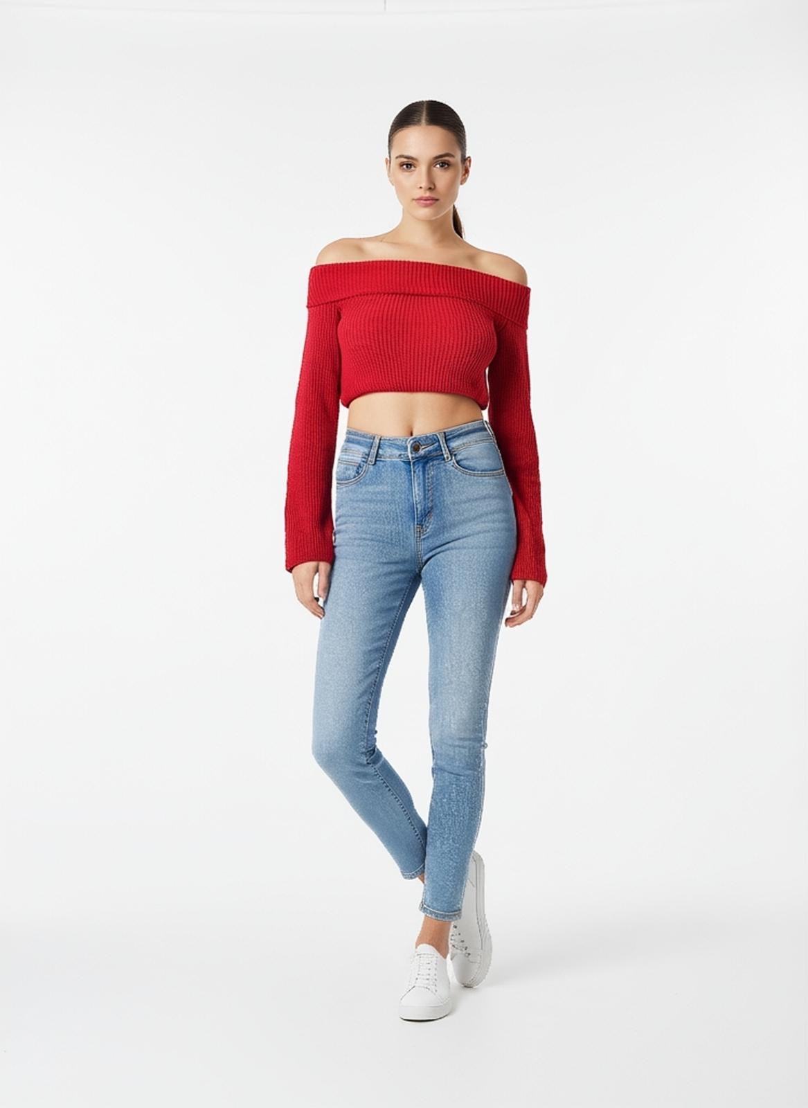 Ribbed Off-the-Shoulder Cropped Jumper - Red