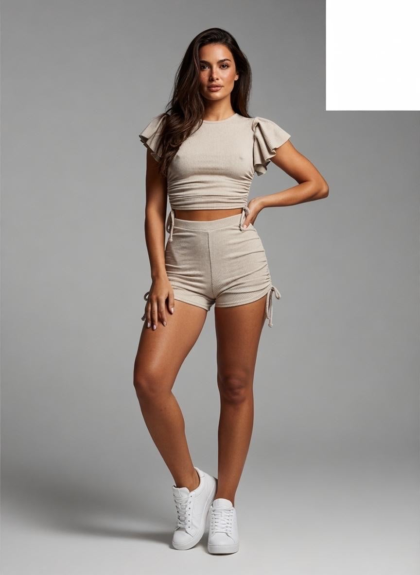 Ribbed Knit Flutter Sleeve Set - Beige