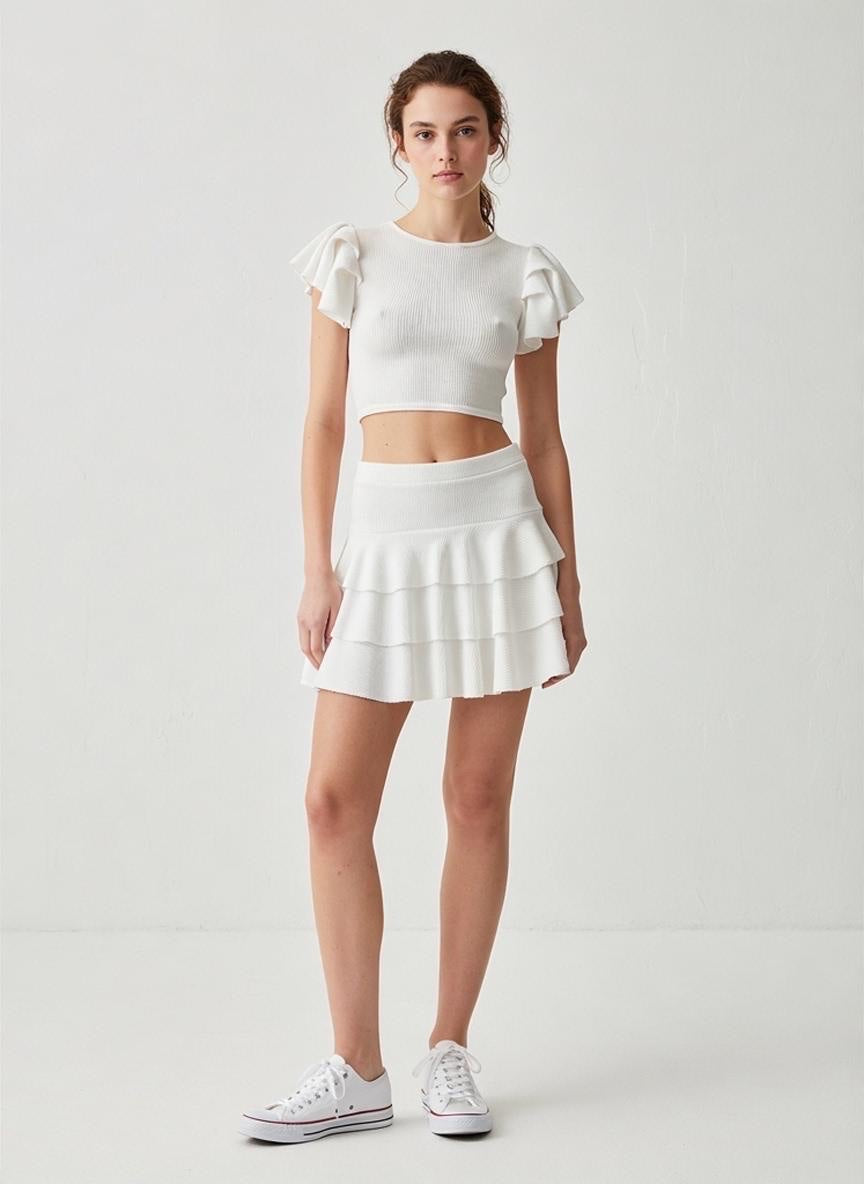Ruffle Sleeve Crop Top and Tiered Skirt Set - Ivory