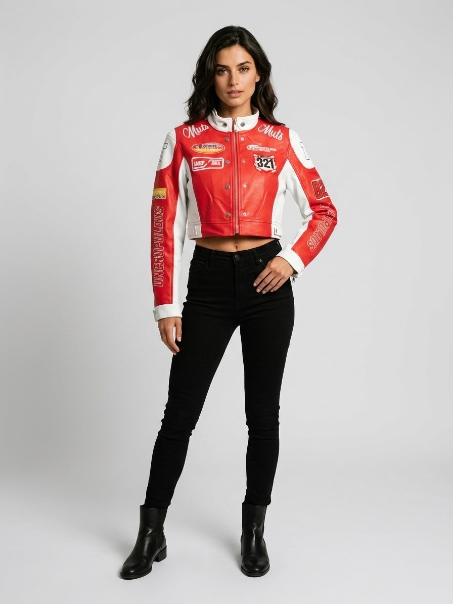 Racing Patch Cropped Jacket - Red