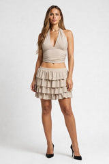 Halterneck Ruched Crop set - Beige