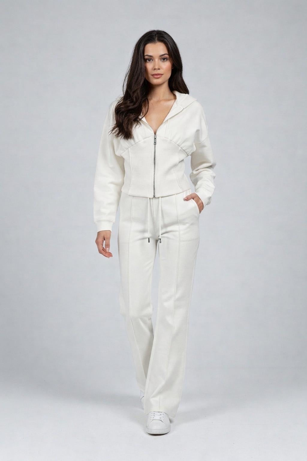 Corset Detail Hoodie & Flare Sweatpants Set - Ivory