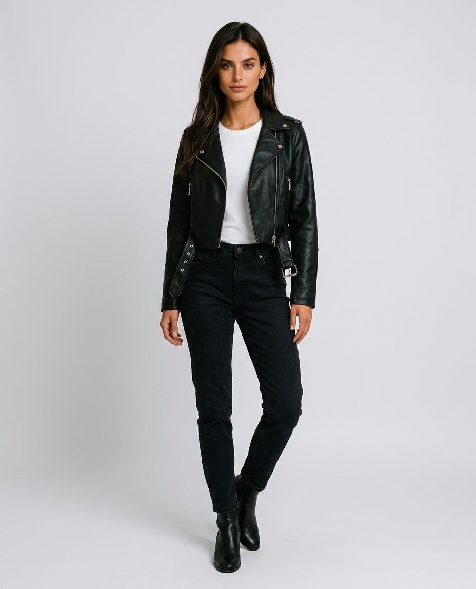 Cropped Faux Leather Biker Jacket - Black