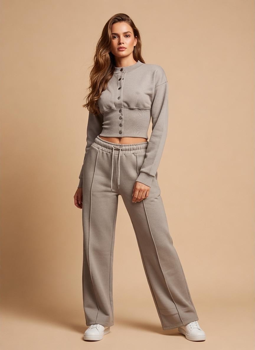 Button-Up Cropped Sweatshirt and Trouser Set - Dove Grey