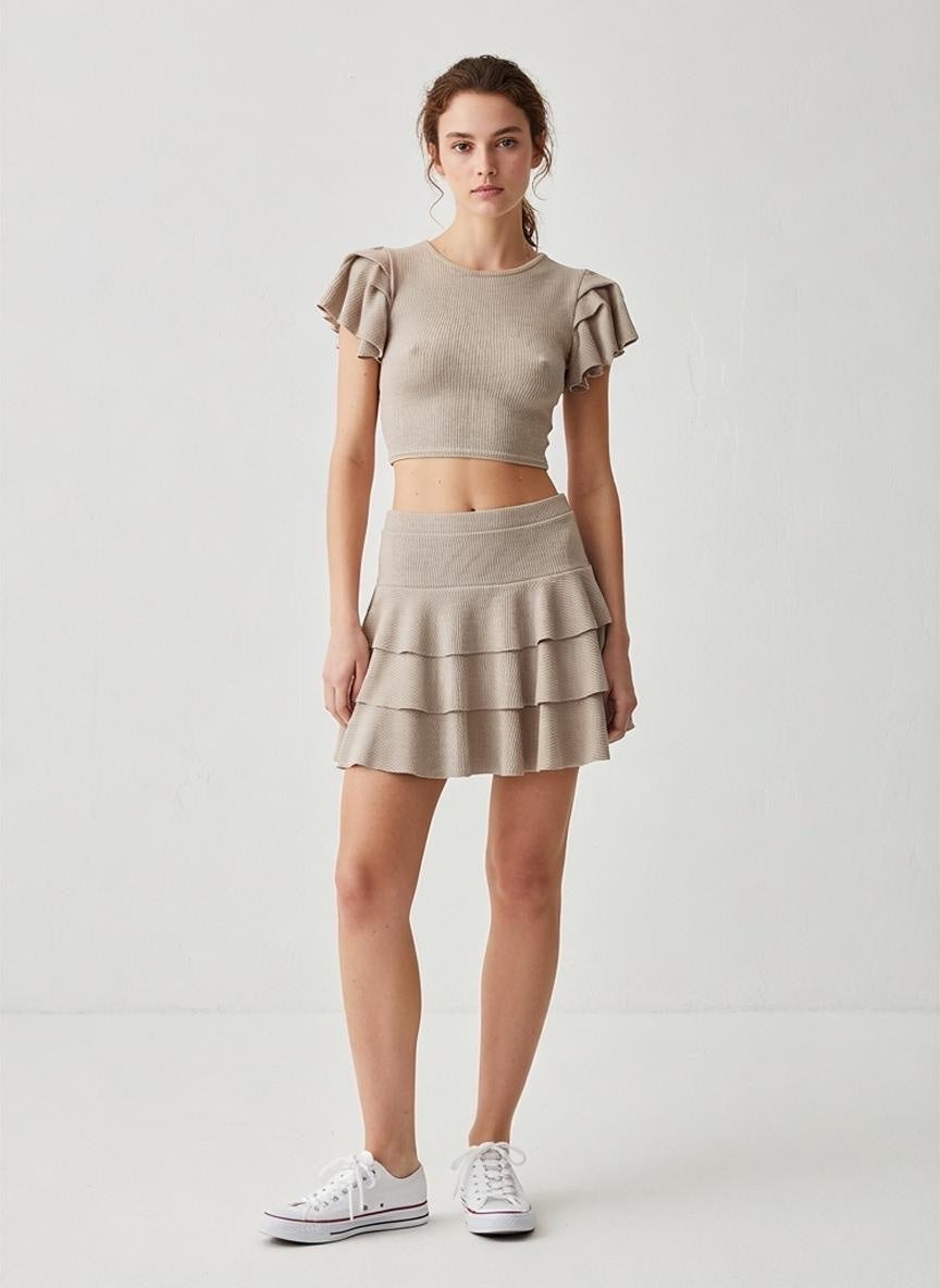 Ruffle Sleeve Crop Top and Tiered Skirt Set - Beige