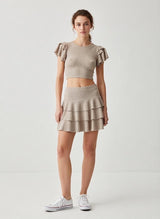 Ruffle Sleeve Crop Top and Tiered Skirt Set - Beige