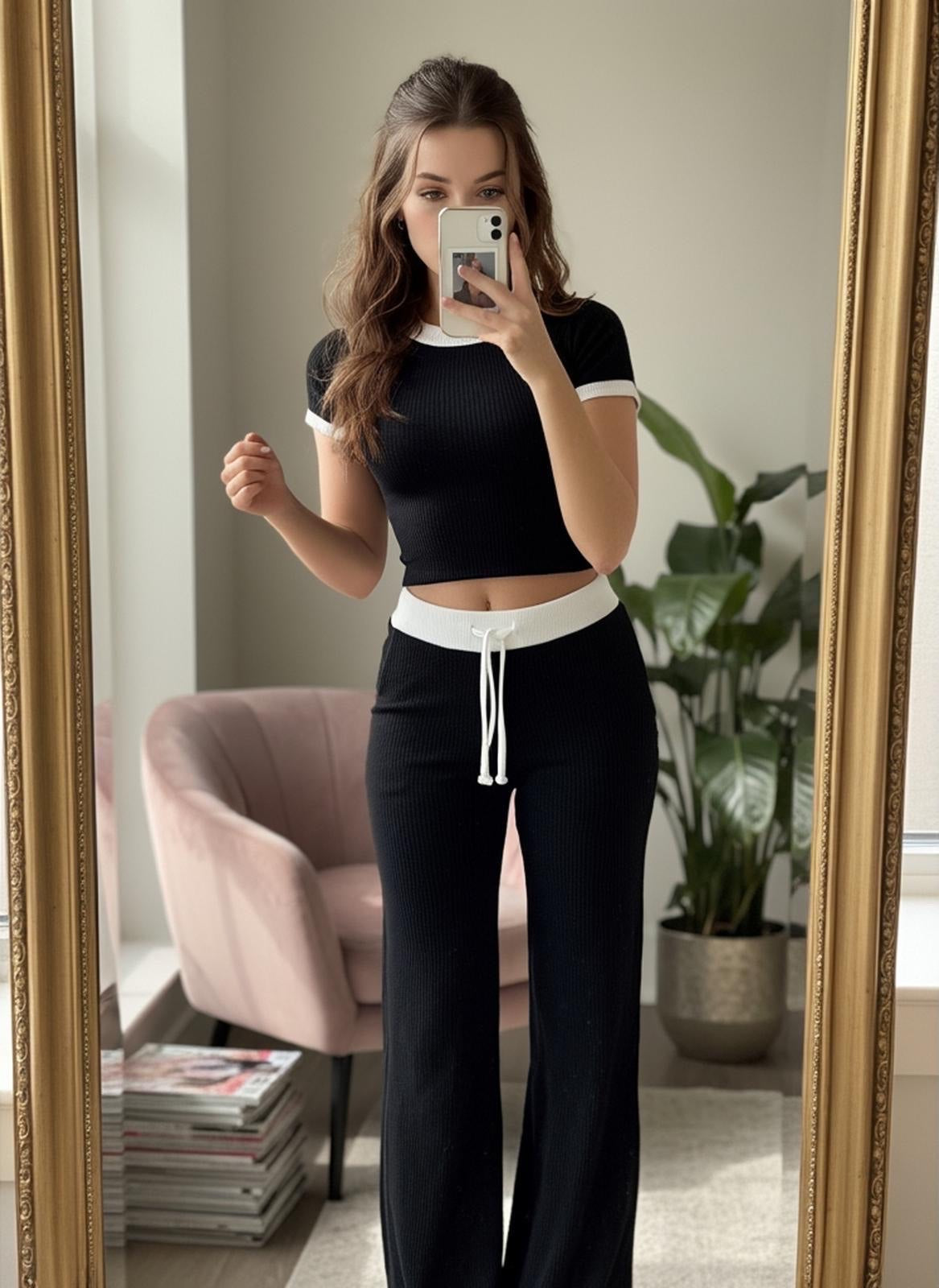 Ribbed Knit Lounge Set - Black