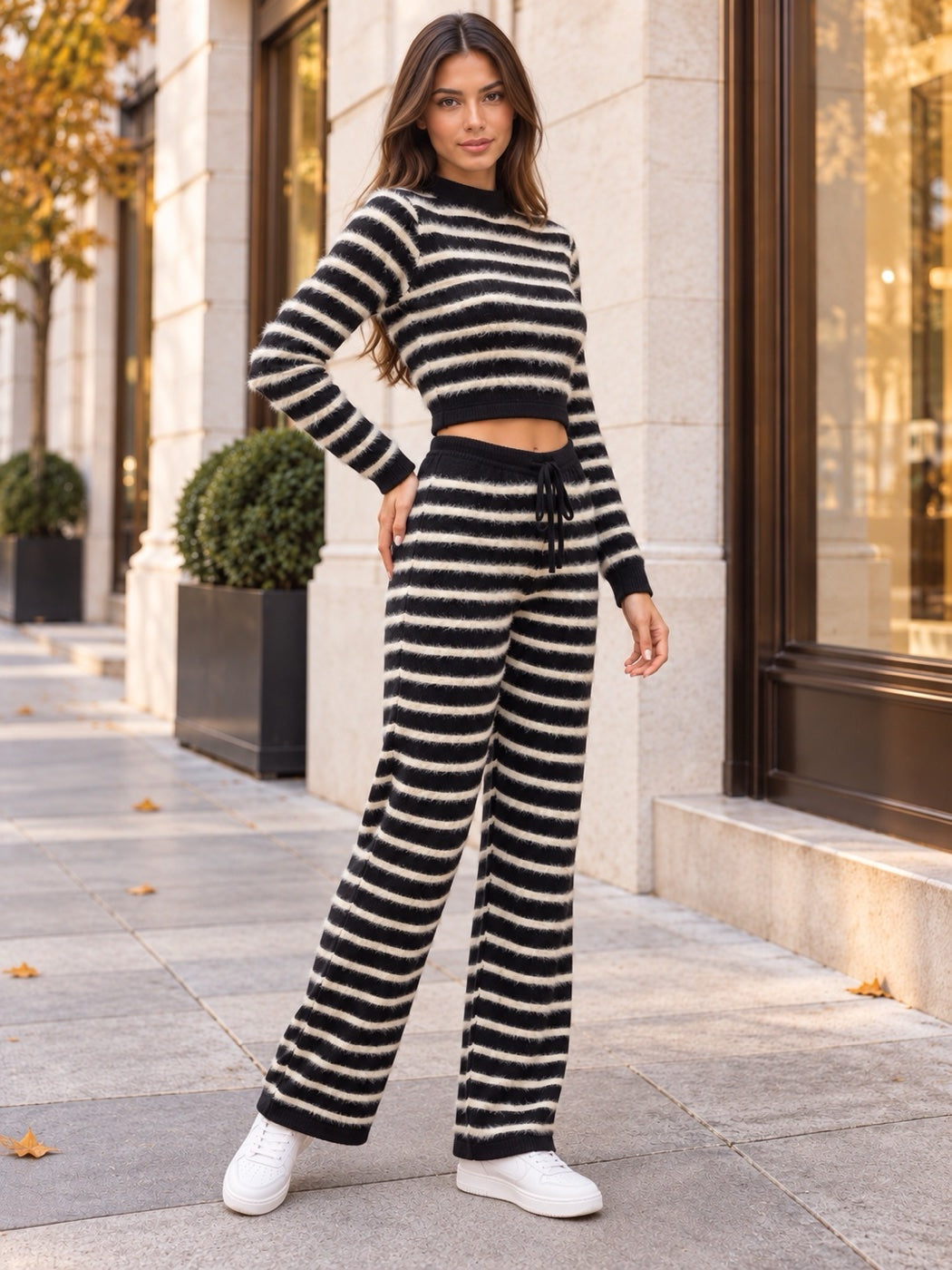 Striped Knit Lounge Set - Black