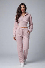 Cropped Zip Hoodie and Jogger Set - Baby Pink