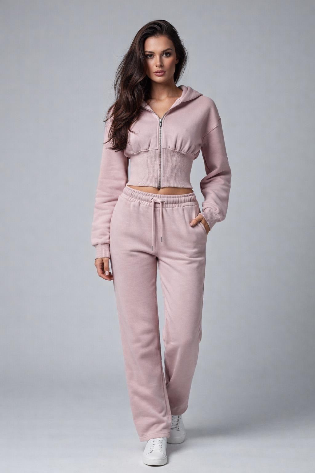 Cropped Zip Hoodie and Jogger Set - Baby Pink