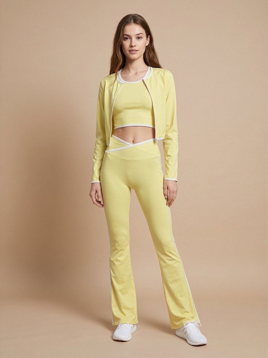 3 Piece Contrast Trim Activewear Set - Yellow