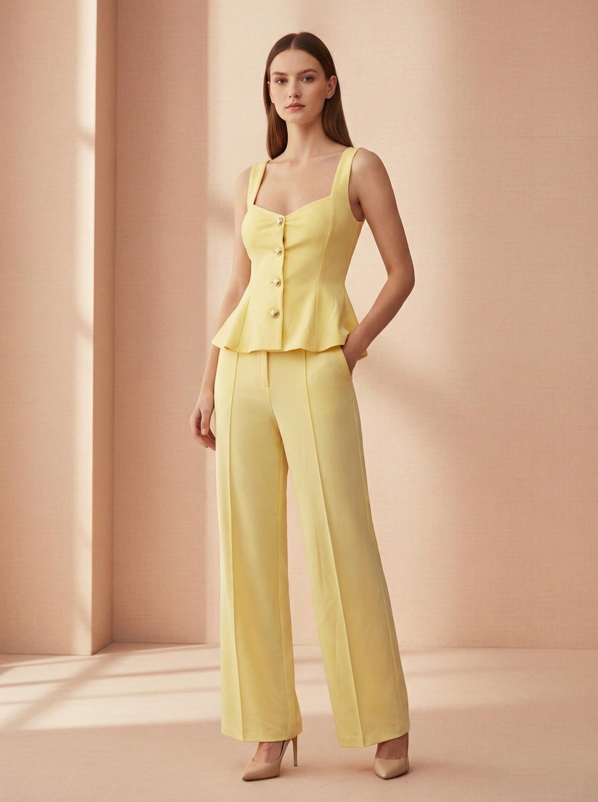 Crepe square neck suit - Lemon