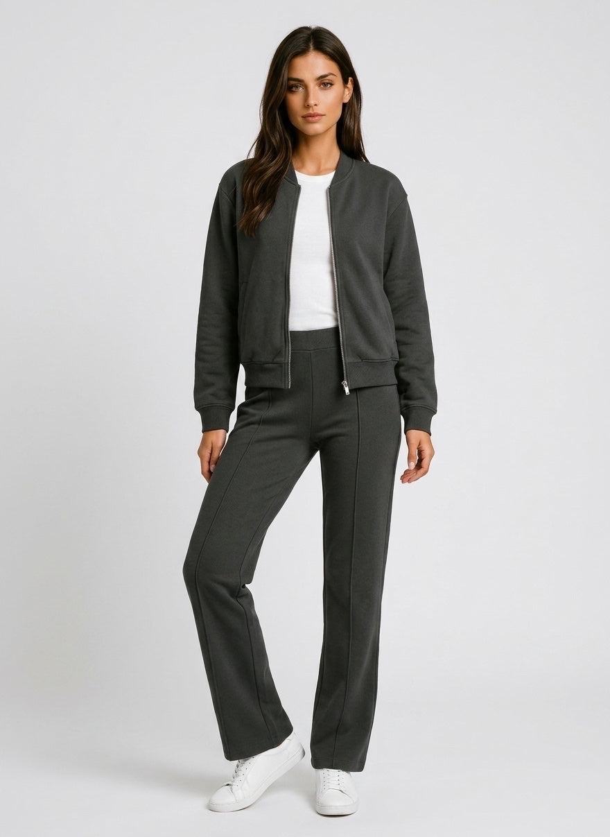 Textured Bomber Jacket and Flared Trousers Set - Black