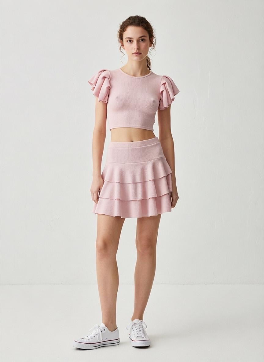 Ruffle Sleeve Crop Top and Tiered Skirt Set - Baby Pink