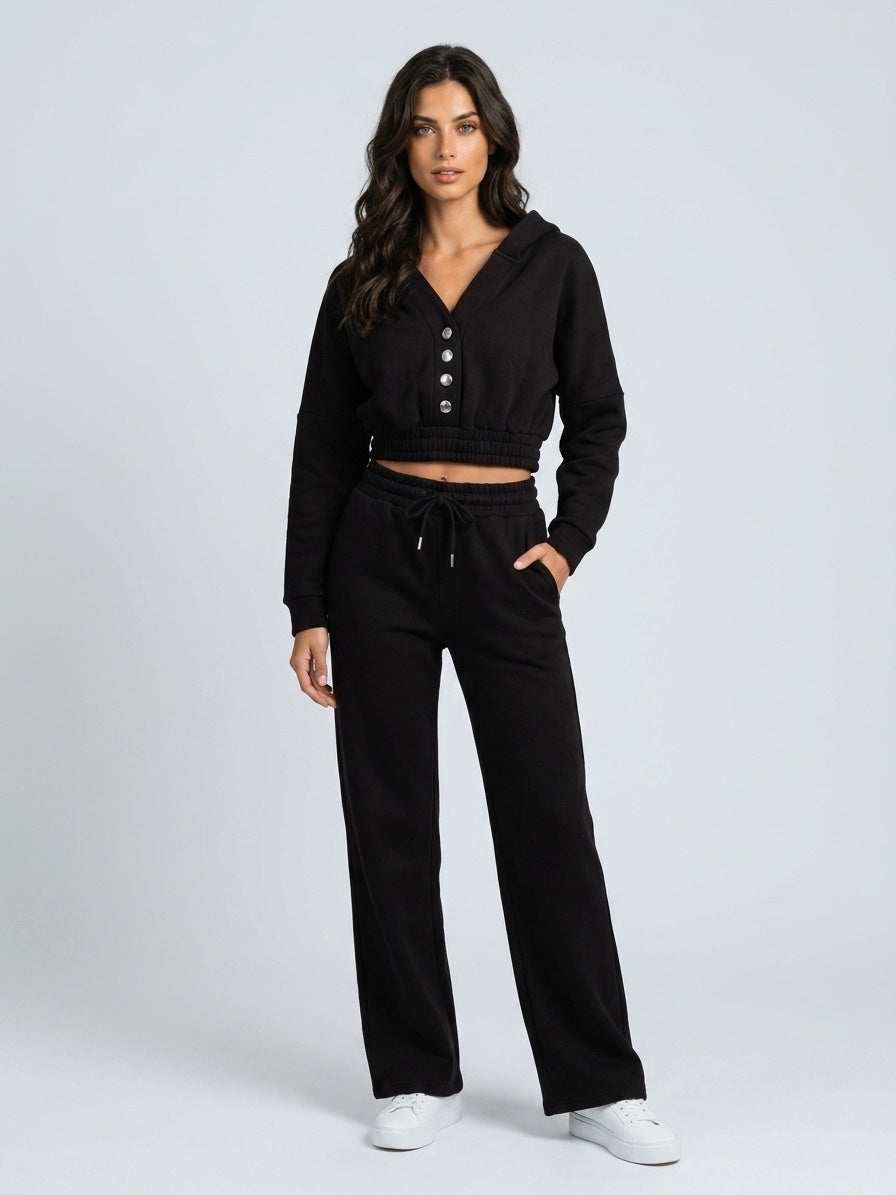 Soft fleece Cropped Hoodie and Jogger Set - Black