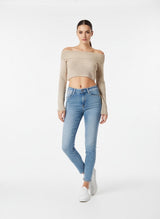 Ribbed Off-the-Shoulder Cropped Jumper - Beige